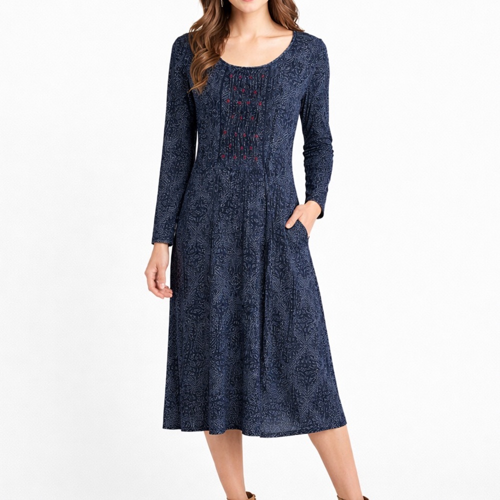 Velvet by Graham & Spencer Navy Printed Midi Dress Embroidered Size L